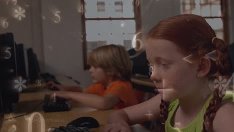 Animation-of-multiple-numbers-and-symbols-falling-over-caucasian-girl-using-computer-at-school