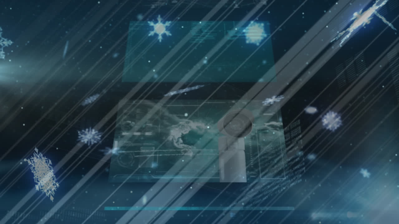 밤하늘에서 데이터 처리에 대해 떨어지는 크리스마스 눈알의 애니메이션