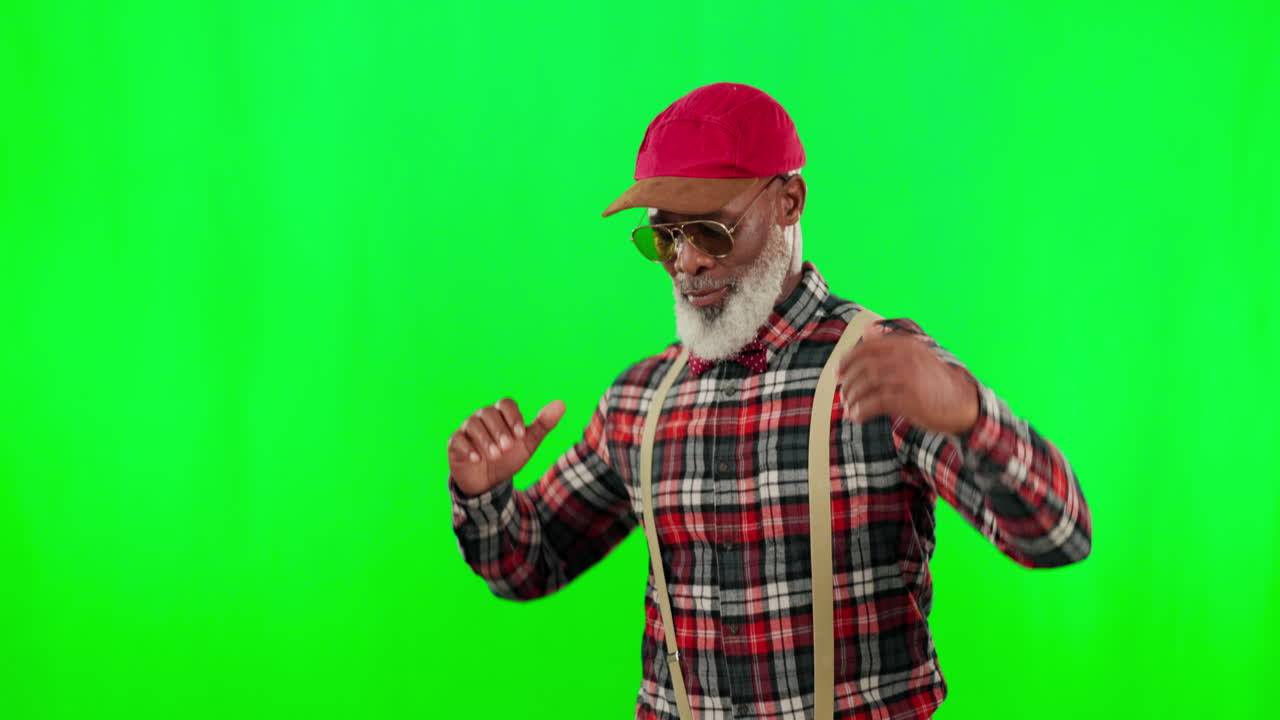 Dança, música e um homem negro idoso em um fundo verde