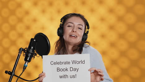 Smiling-woman-filming-promotional-video-for-world-book-day,-studio-background