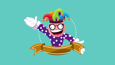 funny clown wearing jester hat with golden ribbon