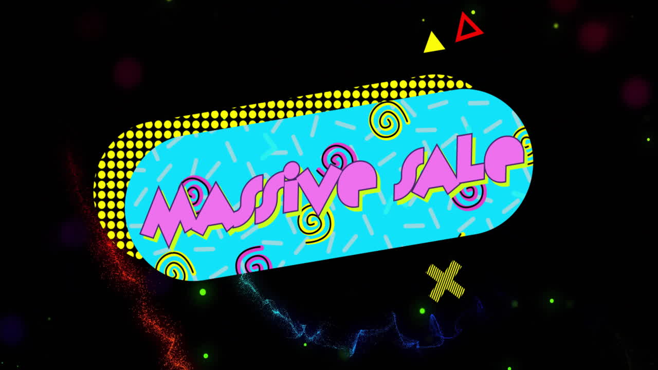 검은색 배경에 다채로운 기하학적 모양 위에 대규모 텍스트 애니메이션 판매