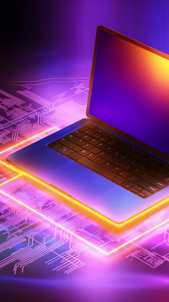 Laptop futuristico con estetica neon, circondato da un design di scheda a circuito stampato high-tech, che emana colori vividi ed energia, a rappresentare la tecnologia moderna e l'innovazione