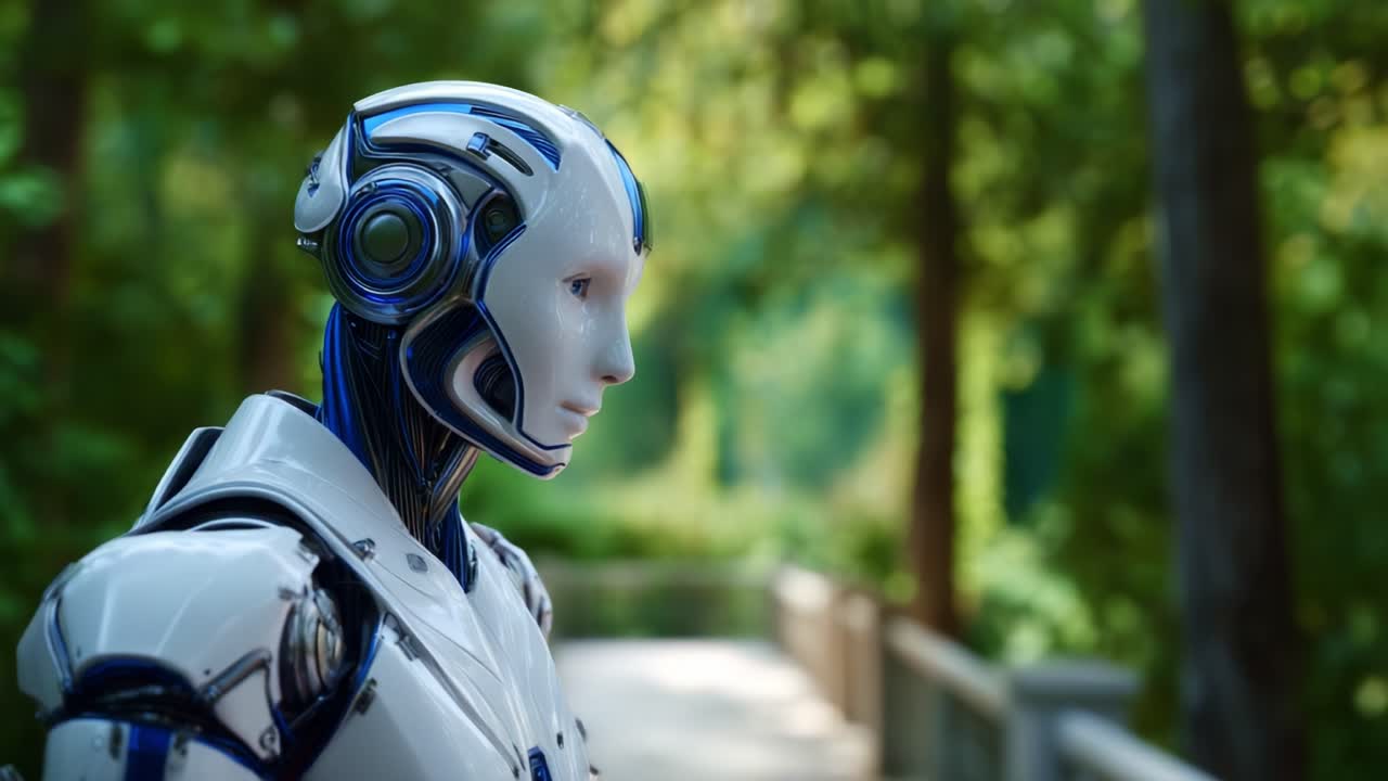 Yapay zekanın merak uyandıran bir vizyonunu sunan fütüristik insansı robot, yemyeşil bir ortamda hareketsiz durarak teknolojiyi doğayla harmanlıyor