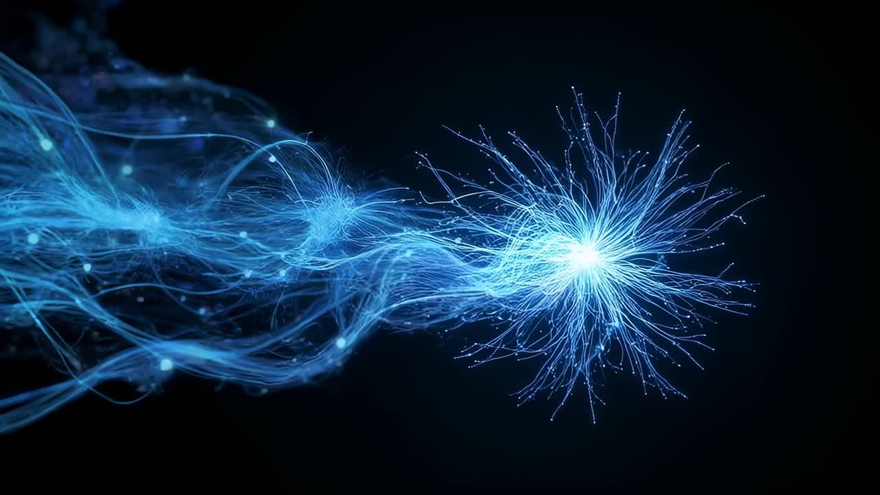 Flowing braided stream drawing bright core at right pulsing and radiating filaments, copy space