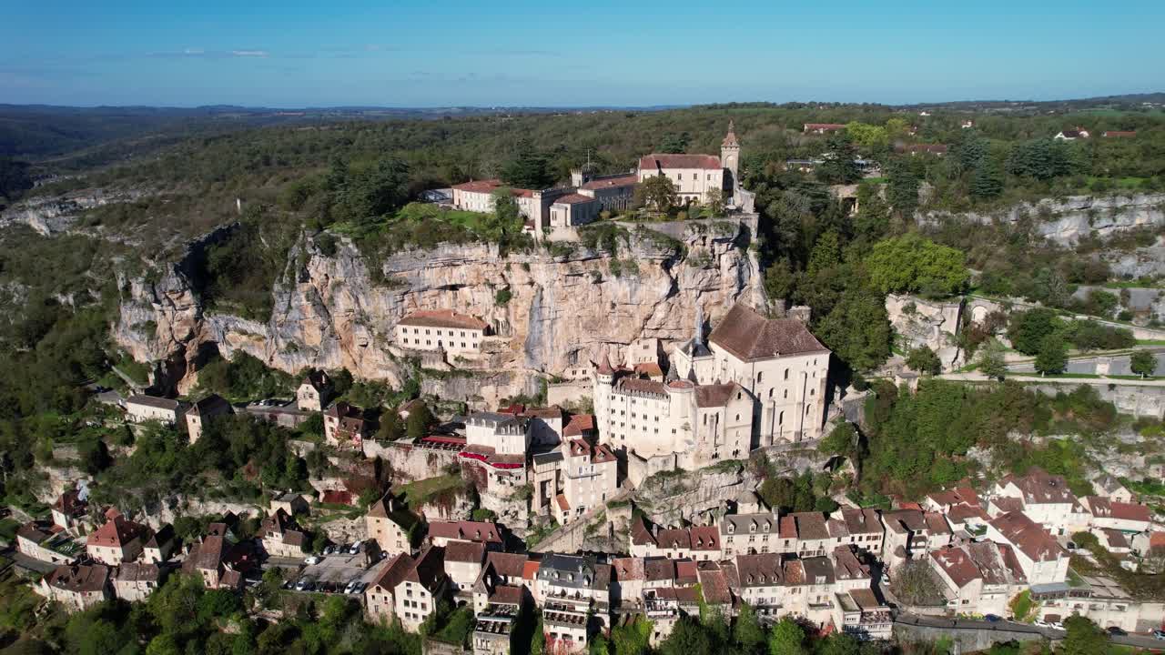 Scenic aerial view of Rocamadour, France, showcasing historic cliffside buildings