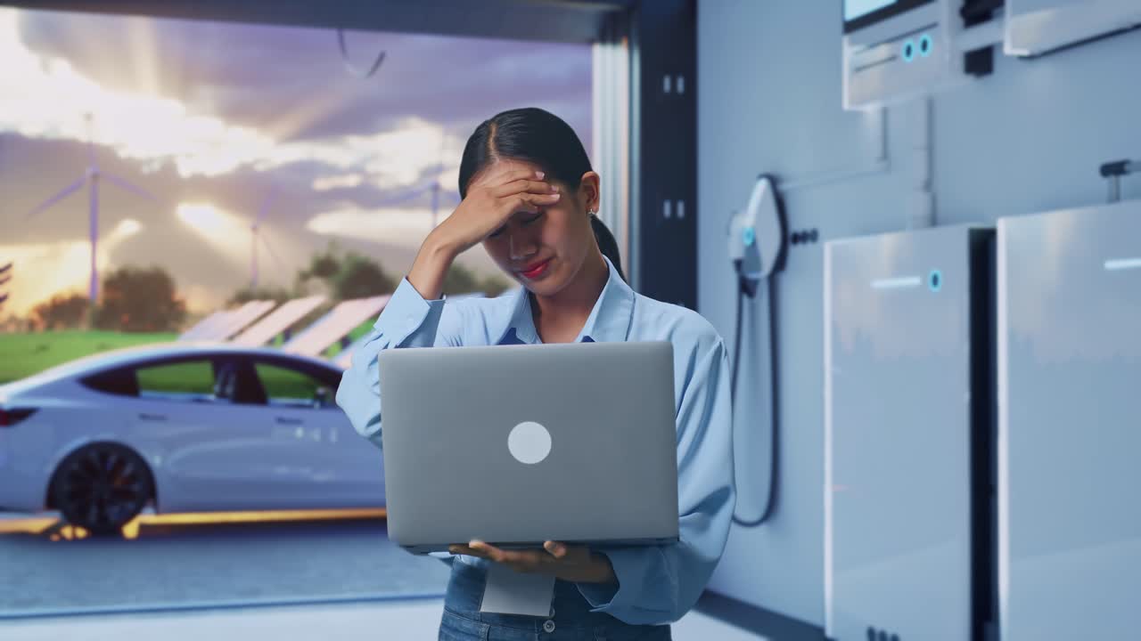 Asian Female With Her Laptop With Home Energy Storage System In a Modern Garage, She Is Nodding Her Shead With Dissapionted