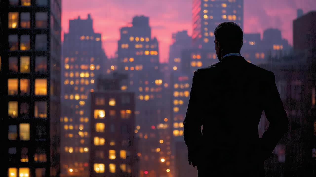 Una figura pensativa observa el paisaje urbano al anochecer, capturando la esencia de la reflexión en medio de las vibrantes luces de la ciudad y un hermoso fondo crepuscular