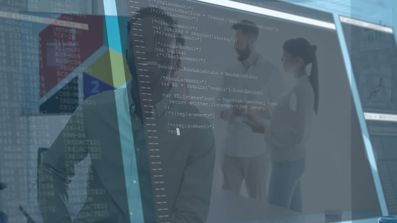 Smiling man facing camera with team chatting camera panning starting tech code overlay for demo