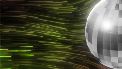 Animation-of-disco-ball-over-light-trails-on-green-light-trails-background