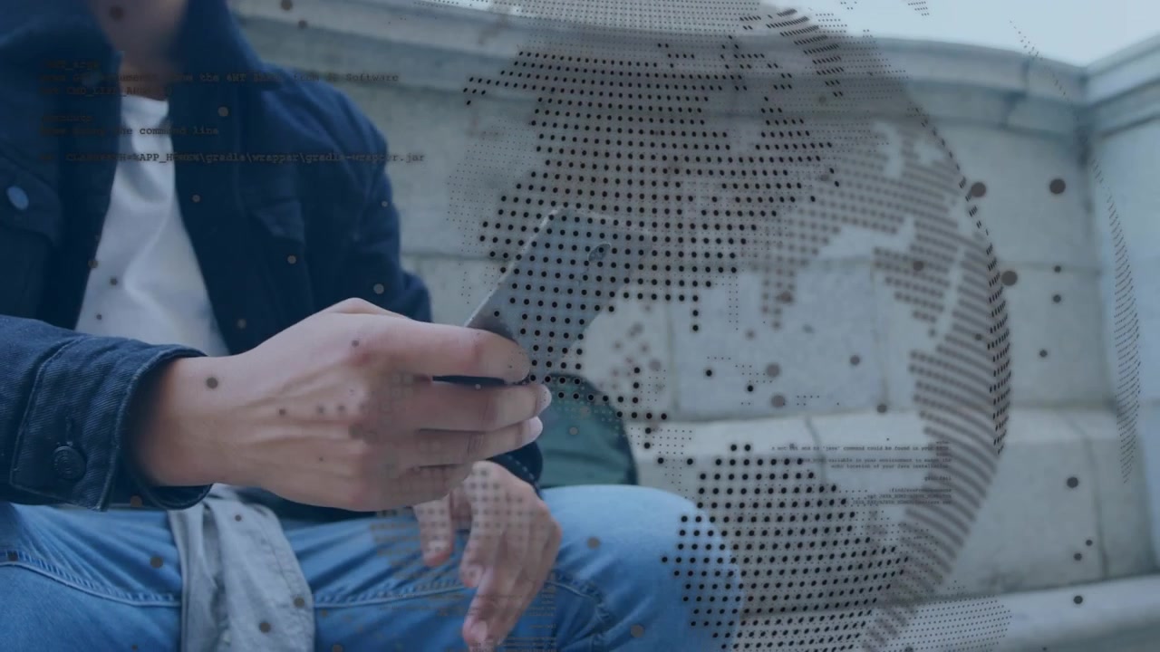 Animación de interfaz digital sobre hombres caucásicos usando un smartphone