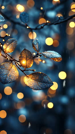 magical winter leaves illuminated by warm lights at night