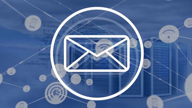 Animation of envelope in circle over connected icons and computer language against server racks