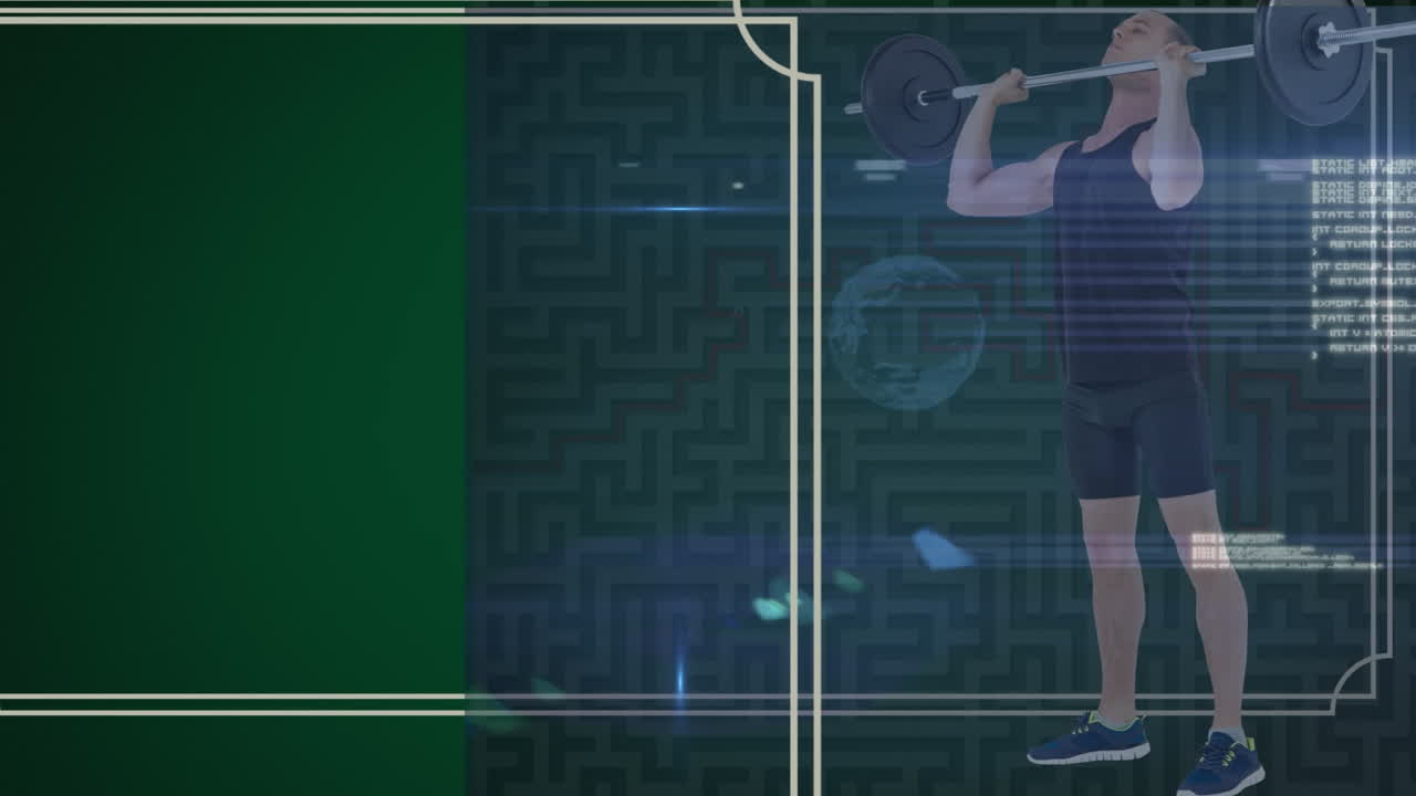 녹색 배경에 무게를 들어 올리는 백인 남성 위의 데이터 처리 및 거품의 애니메이션