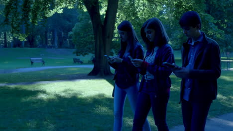 youth engrossed in smartphones while walking through a park