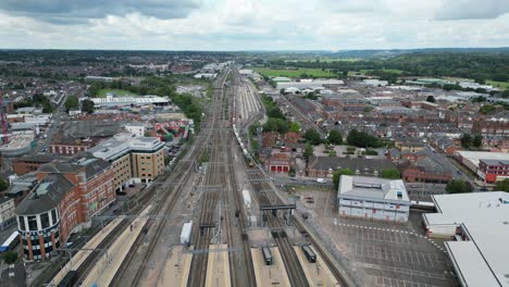 Railway-lines-and-train-Reading-station-UK-drone,aerial