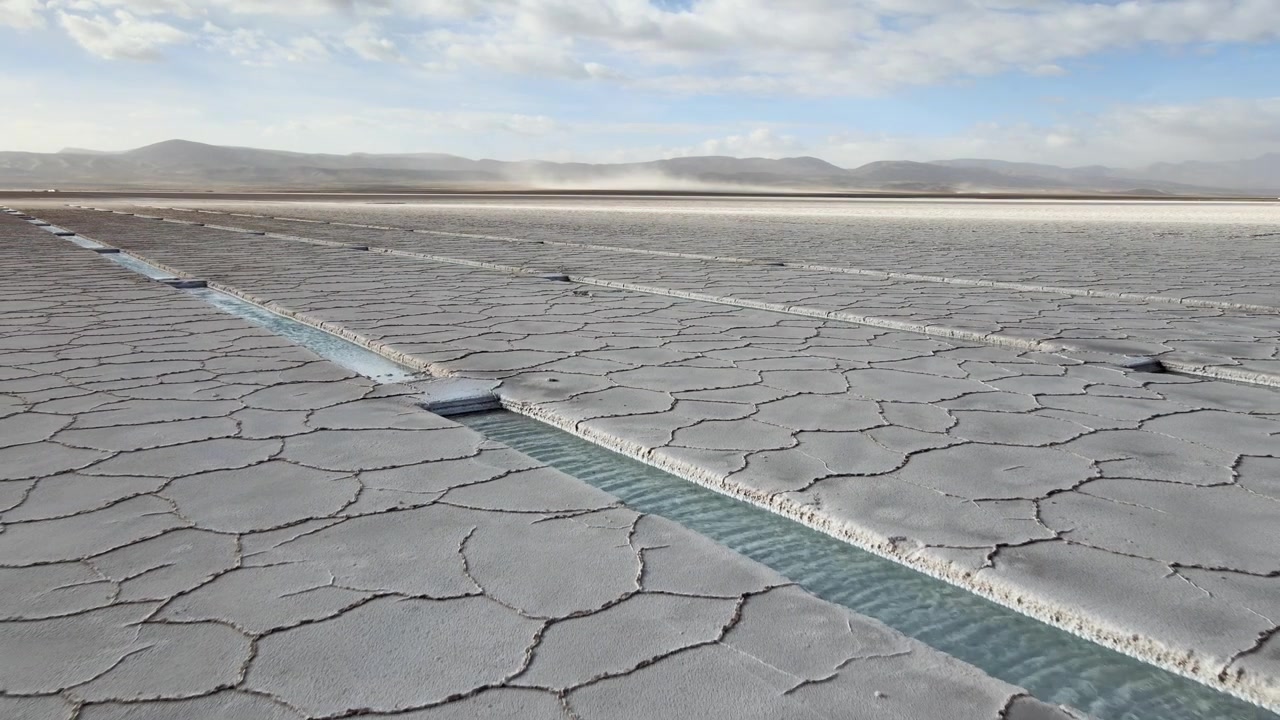 Narrow turquoise lithium brine channels run between cracked white salt plates at Salinas Grandes, with distant Andean hills under a bright sky, useful for mining and energy topics.