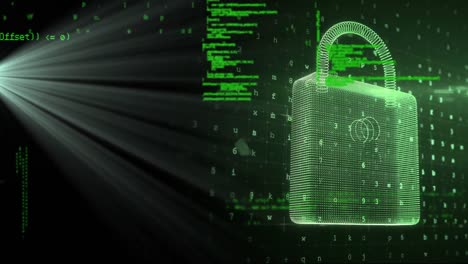 animation of online green security padlock with data processing in background