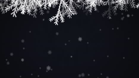 Animation-of-fir-tree-branches-over-snow-falling-on-dark-background