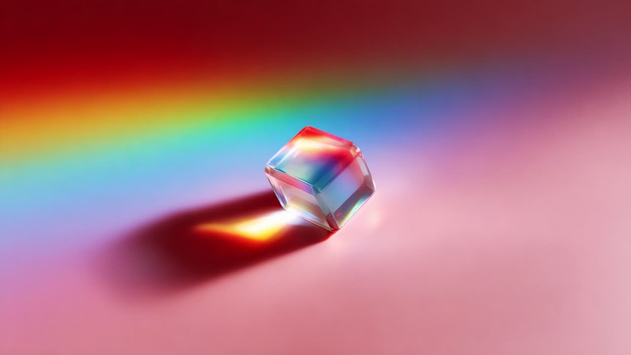 A Captivating Prism Casts Vibrant Rainbows: Exploring Light Reflection and Refraction Through a Colorful Cube on a Soft Pink Surface