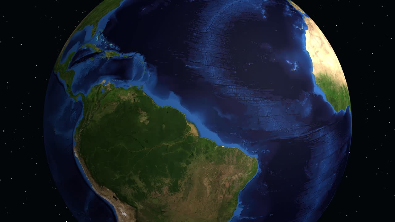 Un globo digitale ruota e zooma sul Sud America, evidenziando Bogotà con dati di informazione geografica