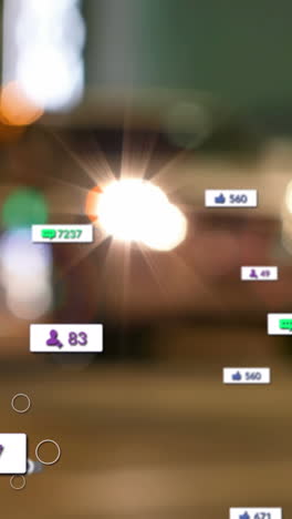 animación de iconos y números de redes sociales fuera de enfoque de la ciudad y los semáforos