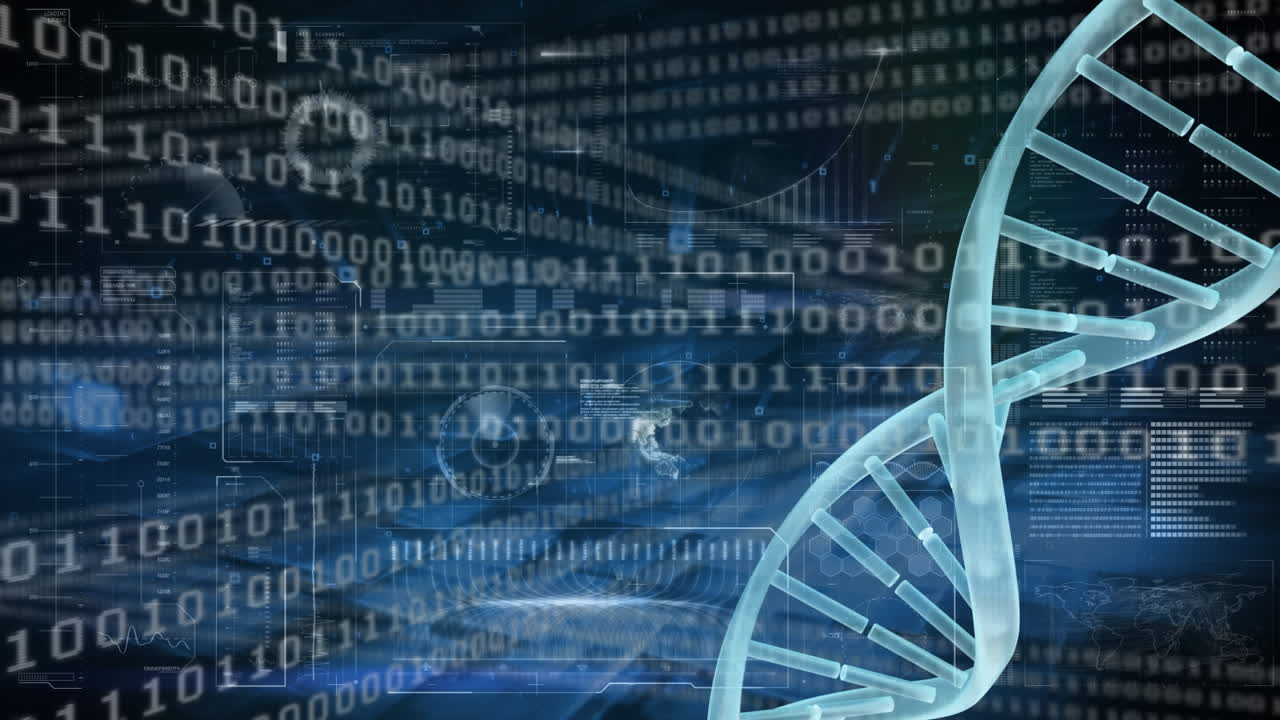 Animation of spinning DNA with binary codes scrolling on the background