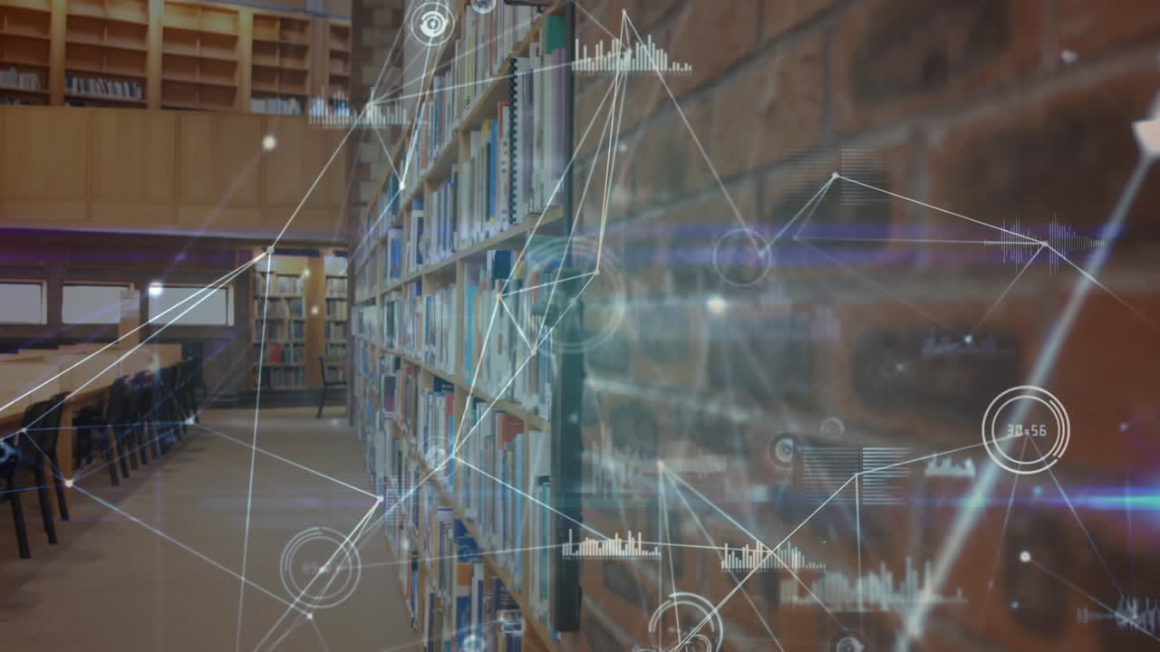 animación de una biblioteca vacía sobre una red de conexiones con estadísticas que se muestran en el fondo.
