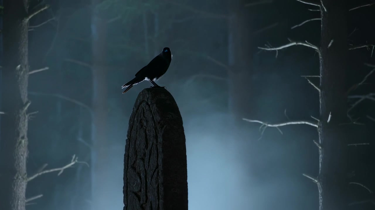 Seekor burung hitam tunggal bertengger, menolehkan kepala dan menyeimbangkan diri di pilar batu berukir di hutan berkabut.