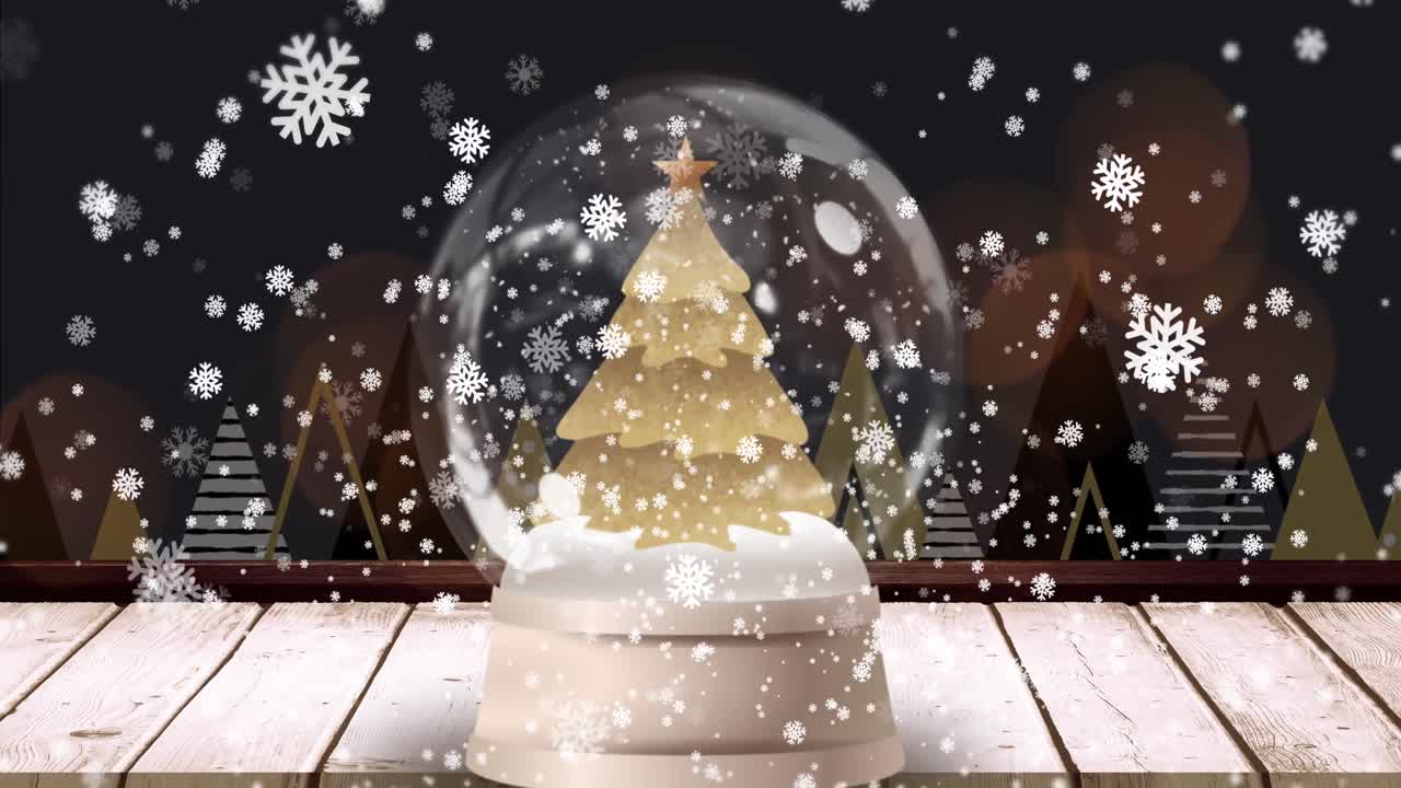 animación de copos de nieve sobre estrella fugaz y bola de nieve