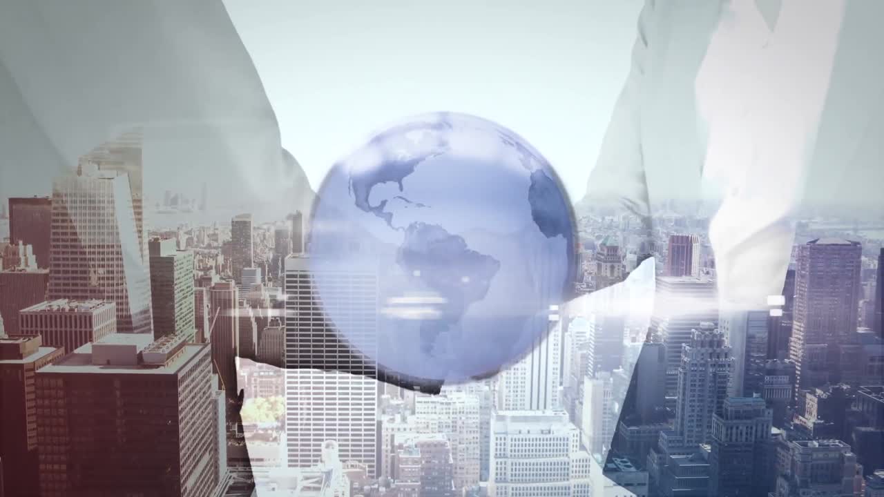 세계가 도시 풍경에 손을 흔드는 사업가와 사업가의 중간 부분을 통해 애니메이션