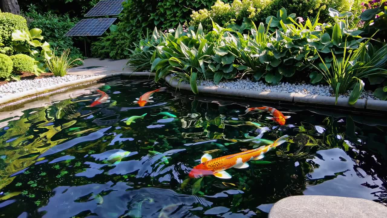 A tranquil garden pond with colorful koi fish, captured from a low angle