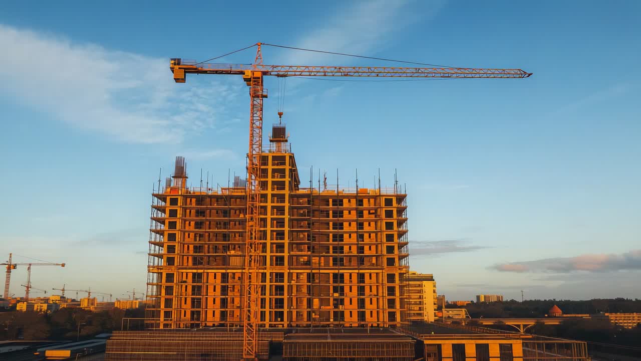 Emanating morning light bathing yellow tower crane and skeleton at building site with scaffolding