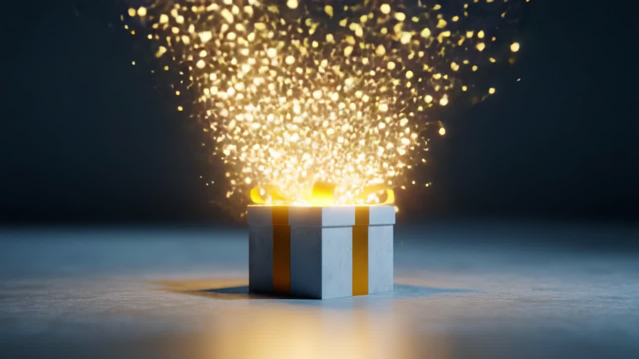 A captivating visual of a magical gift box with golden sparkles bursting from the top, symbolizing joy, surprise, and the excitement of unwrapping a present in a beautifully lit environment