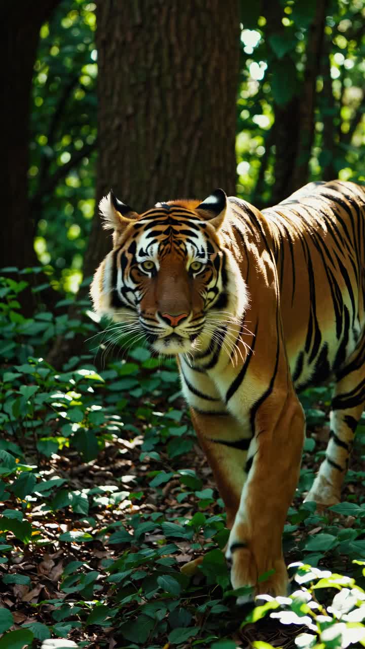 A majestic tiger prowls through a lush, sun-dappled forest, showcasing the beauty of wildlife