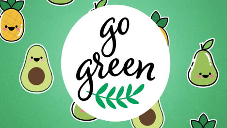 animación de la ilustración con texto natural sobre peras y manzanas con caras sonrientes en verde