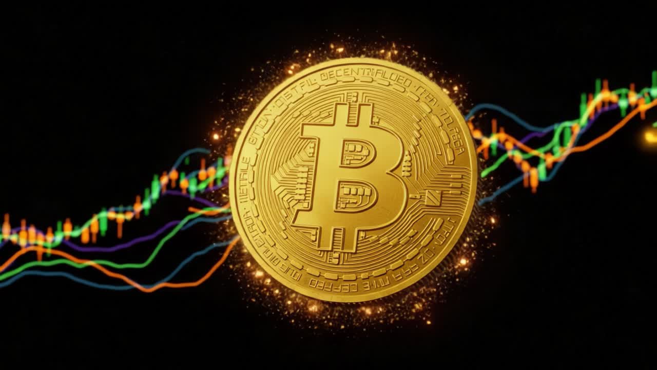 A Captivating Visual of Bitcoin's Impact: Showcasing the Shimmering Cryptocurrency Coin Amidst Dynamic Financial Graphs and Market Trends
