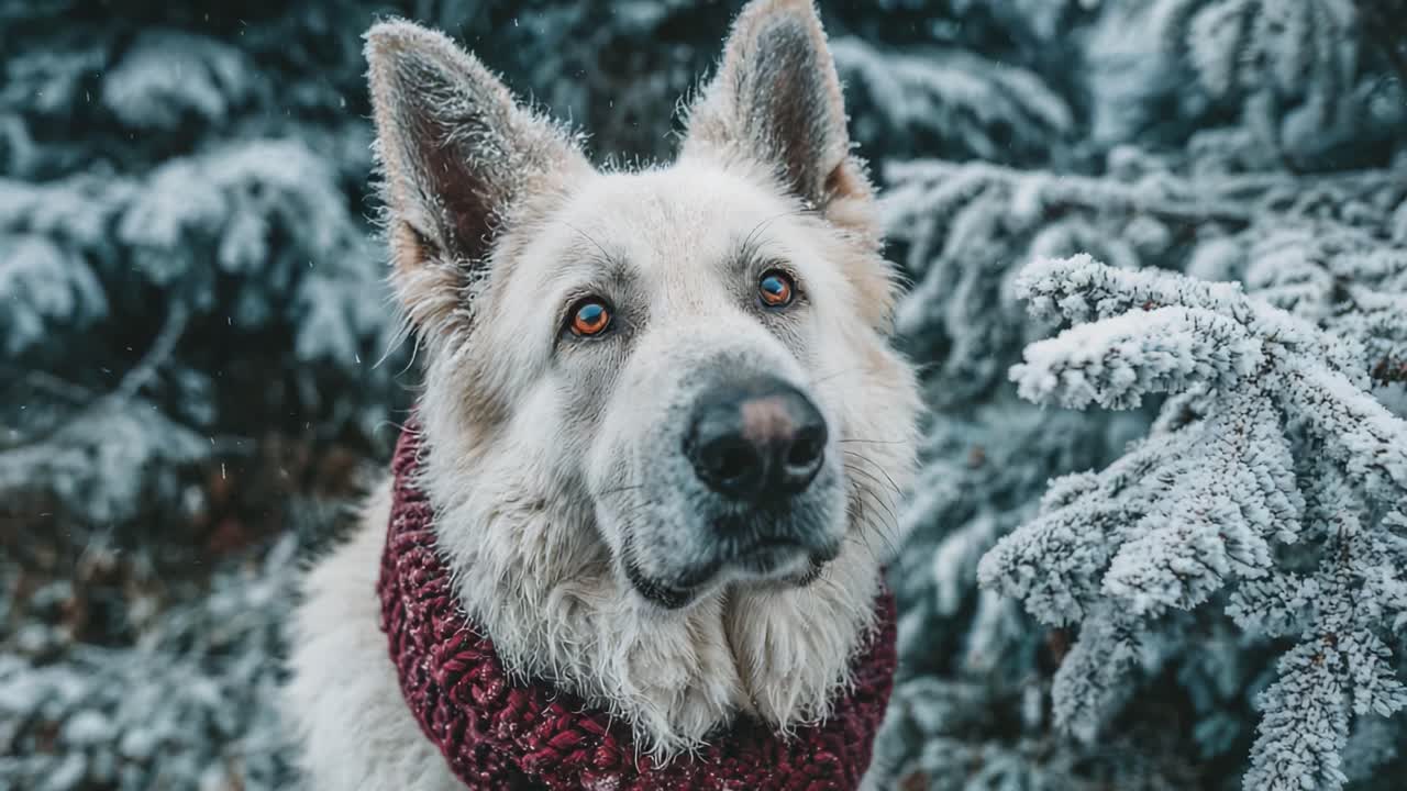 A Majestic White Dog Captures the Winter Wonderland with its Captivating Gaze, Enveloped in Frosty Surroundings and Adorned with a Cozy Scarf