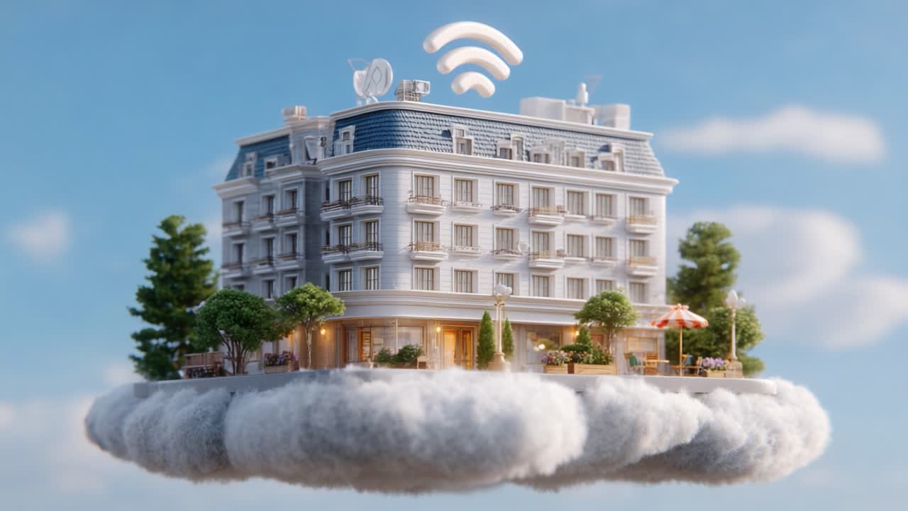 A Modern Hotel Floating Above Clouds with WiFi Symbol, Showcasing Innovative Architecture and Technology Integration in a Serene Atmosphere