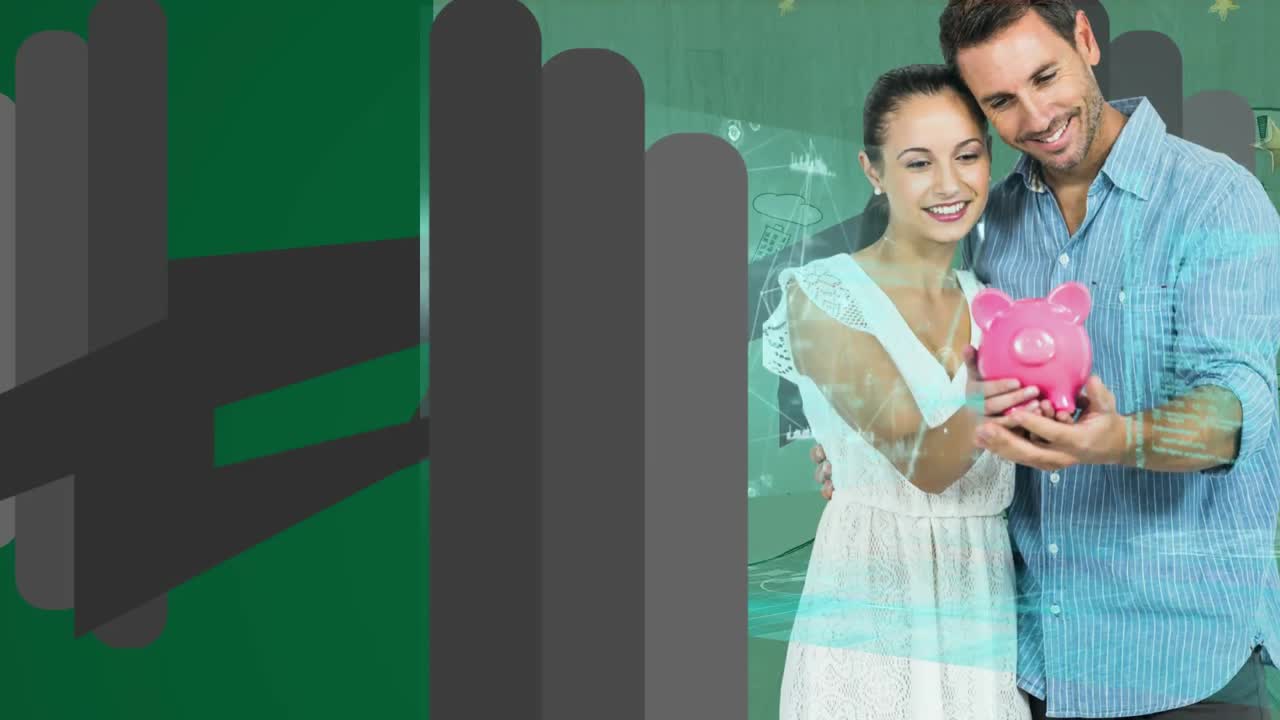 animación del procesamiento de datos sobre una pareja caucásica estadounidense sosteniendo una bolsa de cerdo.