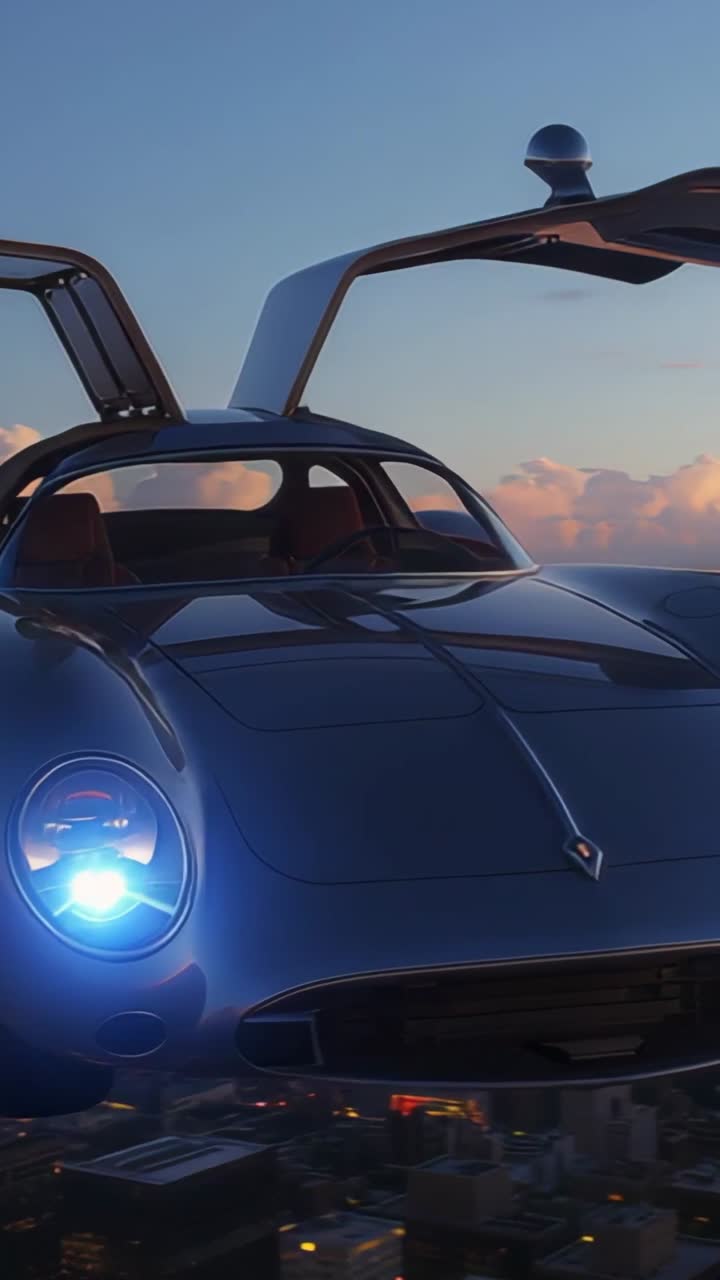 Vertical video: Blue gullwing car opening left and right doors over city at dusk, with sensor dome