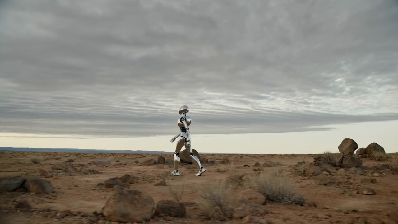 Robot umanoide riflettente bianco e scuro avanza da sinistra a destra su un terreno roccioso e arido punteggiato da piccoli cespugli e massi sparsi. Luce diffusa e nuvolosa illumina la scena.