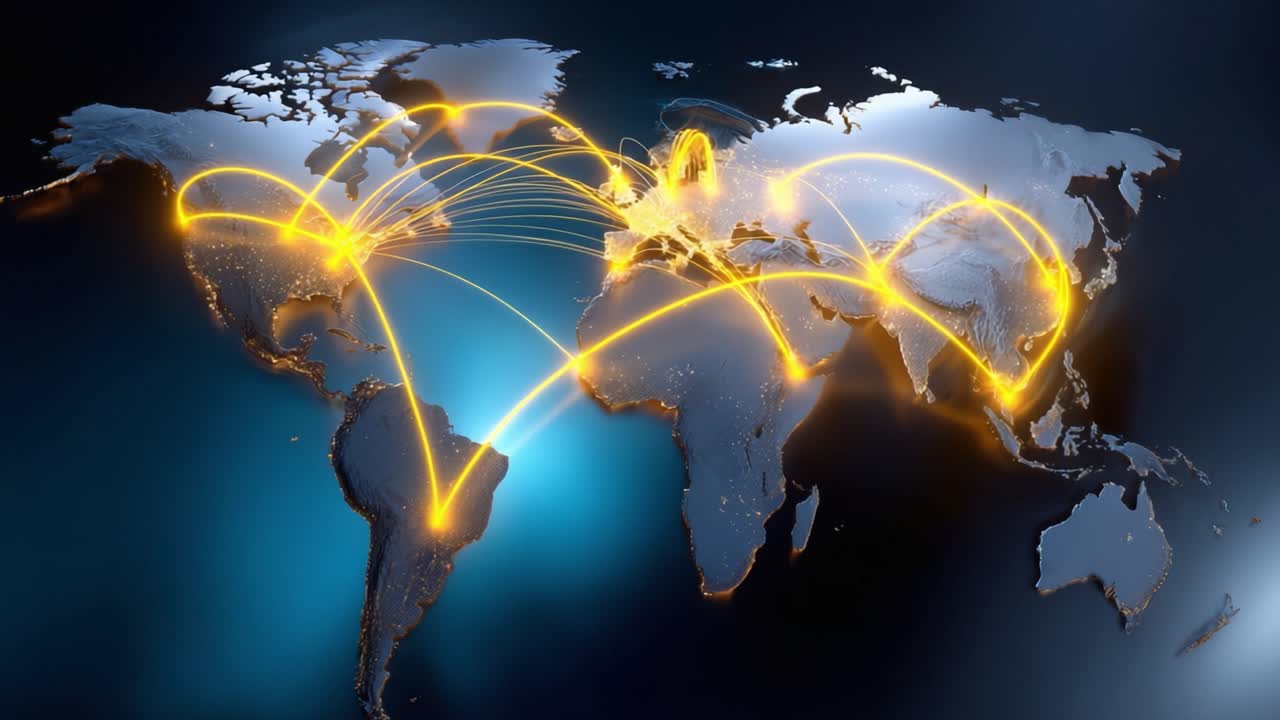 World map glowing with golden connections. Network lines pulse between continents. Global communication and travel concept. Ideal for business, technology, or travel projects