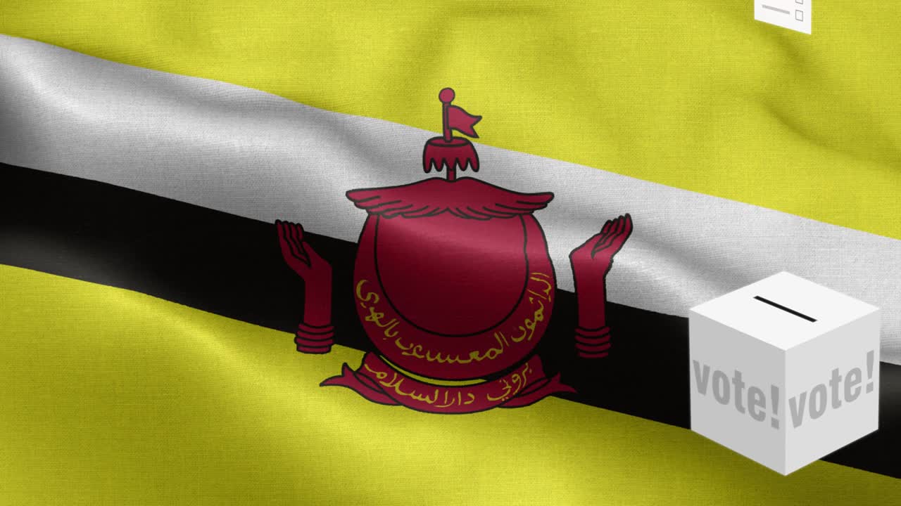 las papeletas de votación vuelan a la caja para la selección de brunei - caja de votación frente a la bandera - elección - voto - bandera de brunei (bandera de brunei) alto detalle - bandera nacional patrón de ondas de brunei elementos loopables - textura de tela y bucle sin fin