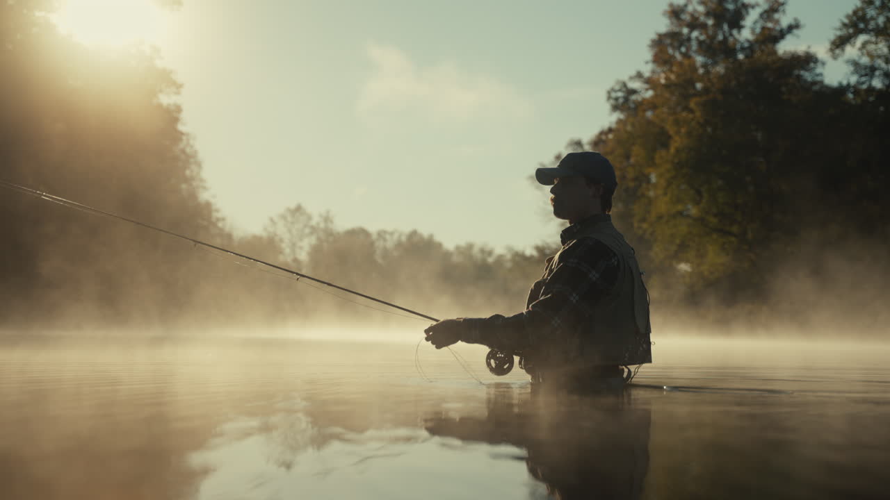 Man Fly Fishing in Misty Sunrise