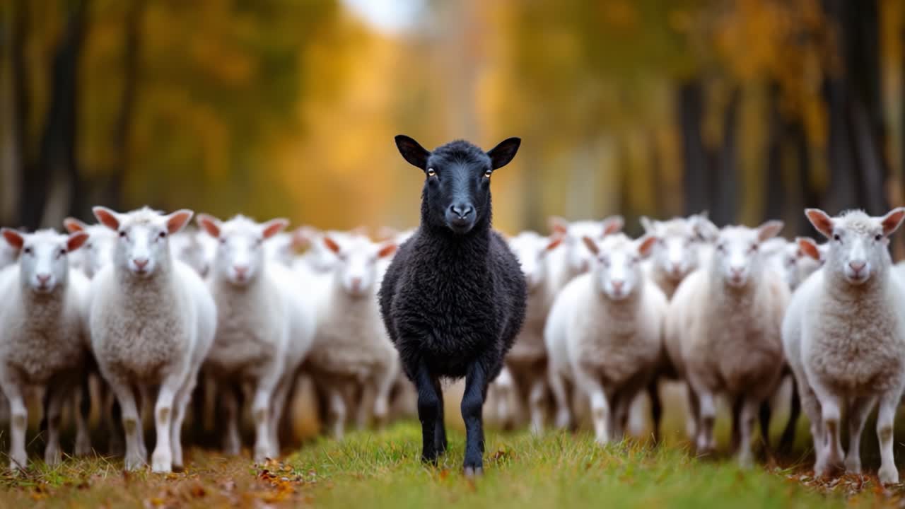 A Black Sheep Stands Out Among a Flock of White Sheep in a Beautiful Autumn Landscape, Capturing the Essence of Individuality and Nature's Bounty