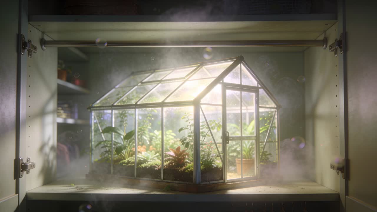Sonnenlicht trifft Miniatur-Glasgewächshaus, das Nebel über einem Regalboden freisetzt, mit Kondensation