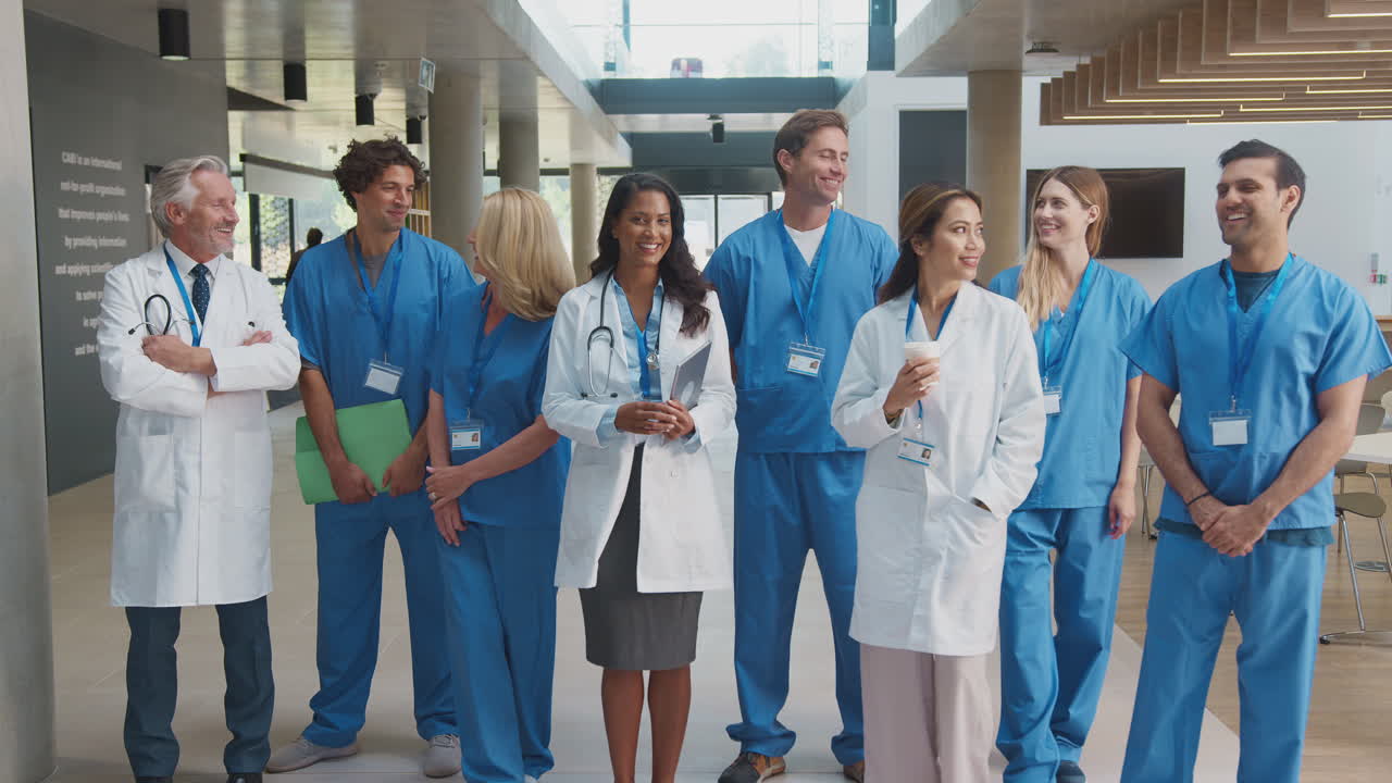 Retrato de equipe médica multicultural de uniforme em pé dentro de um edifício hospitalar