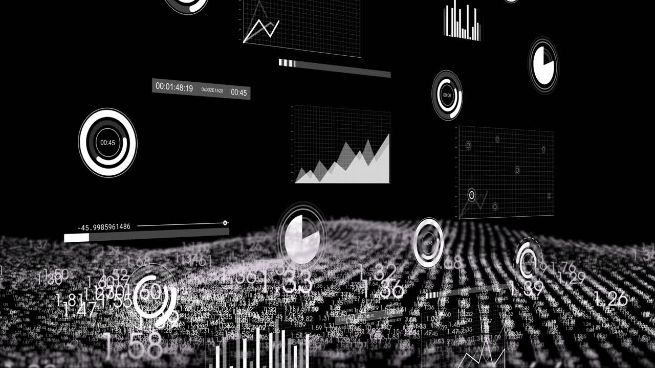 Animation of digital data charts and graphs floating over binary landscape