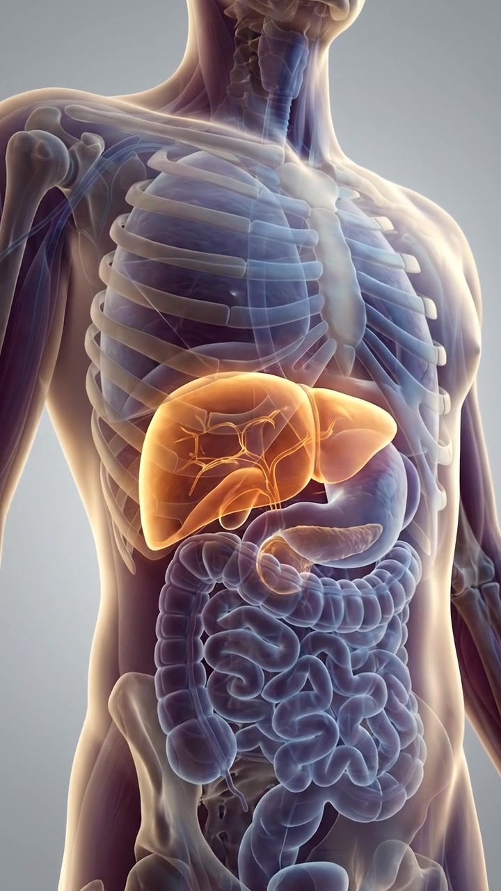 3D Male Torso Model Highlighting Glowing Liver Organ